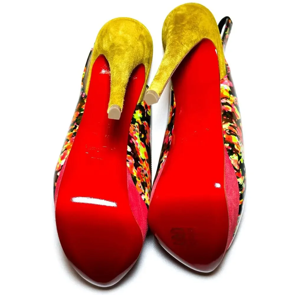 Christian Louboutin Lady Peep Sling 150 Floral Patent Platform Pumps 39.5 NIB